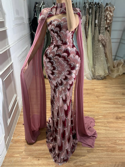 Luxury Pink Beaded Mermaid Cape Evening Dress LA73607A
