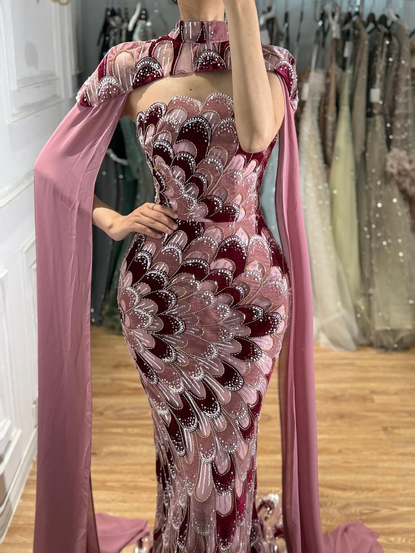 Luxury Pink Beaded Mermaid Cape Evening Dress LA73607A