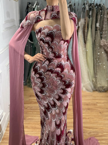 Luxury Pink Beaded Mermaid Cape Evening Dress LA73607A