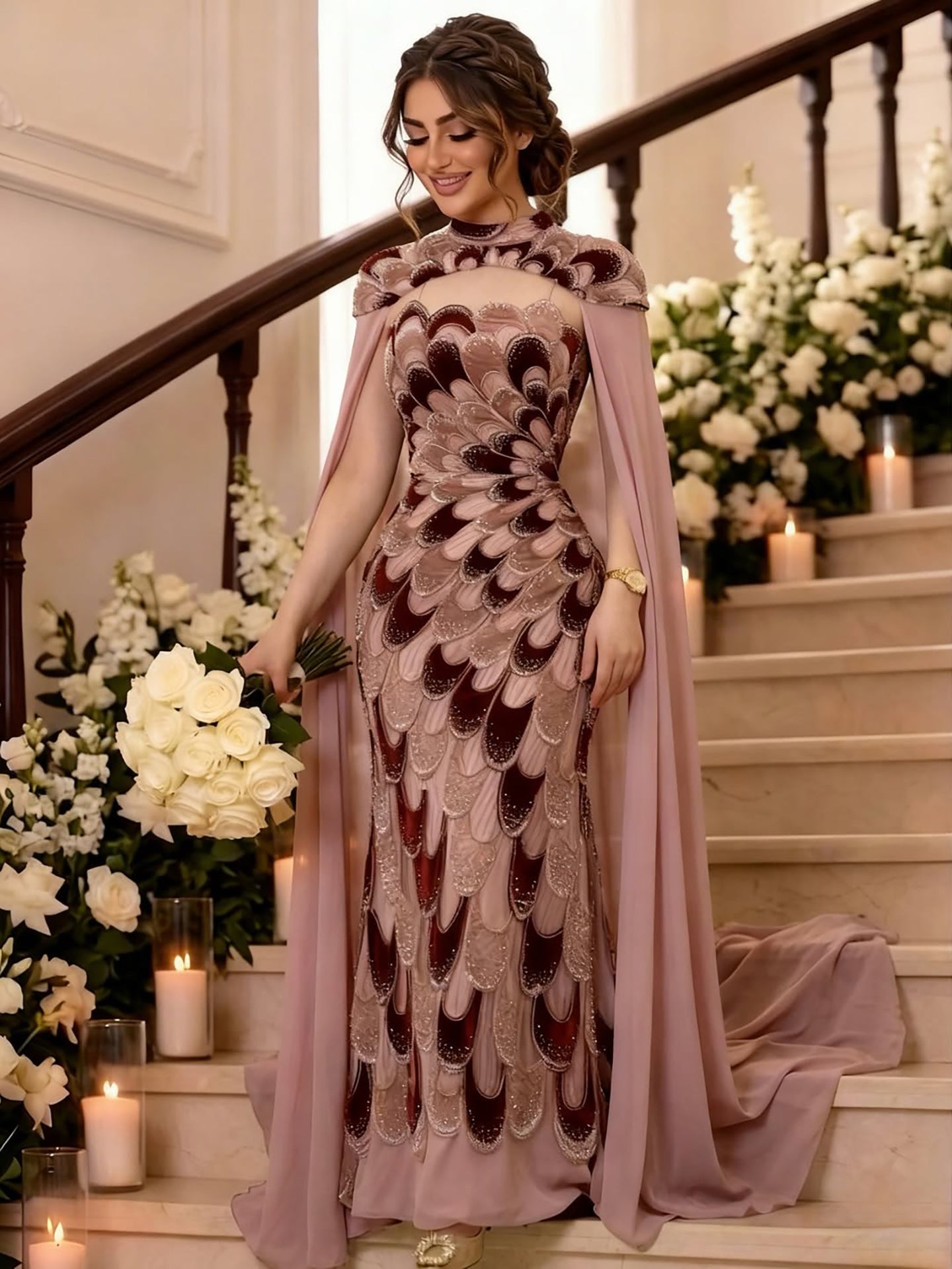 Luxury Pink Beaded Mermaid Cape Evening Dress LA73607A
