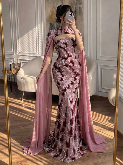Luxury Pink Beaded Mermaid Cape Evening Dress LA73607A