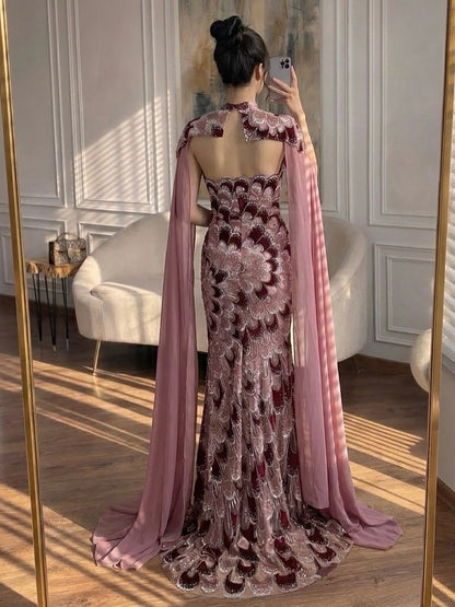 Luxury Pink Beaded Mermaid Cape Evening Dress LA73607A