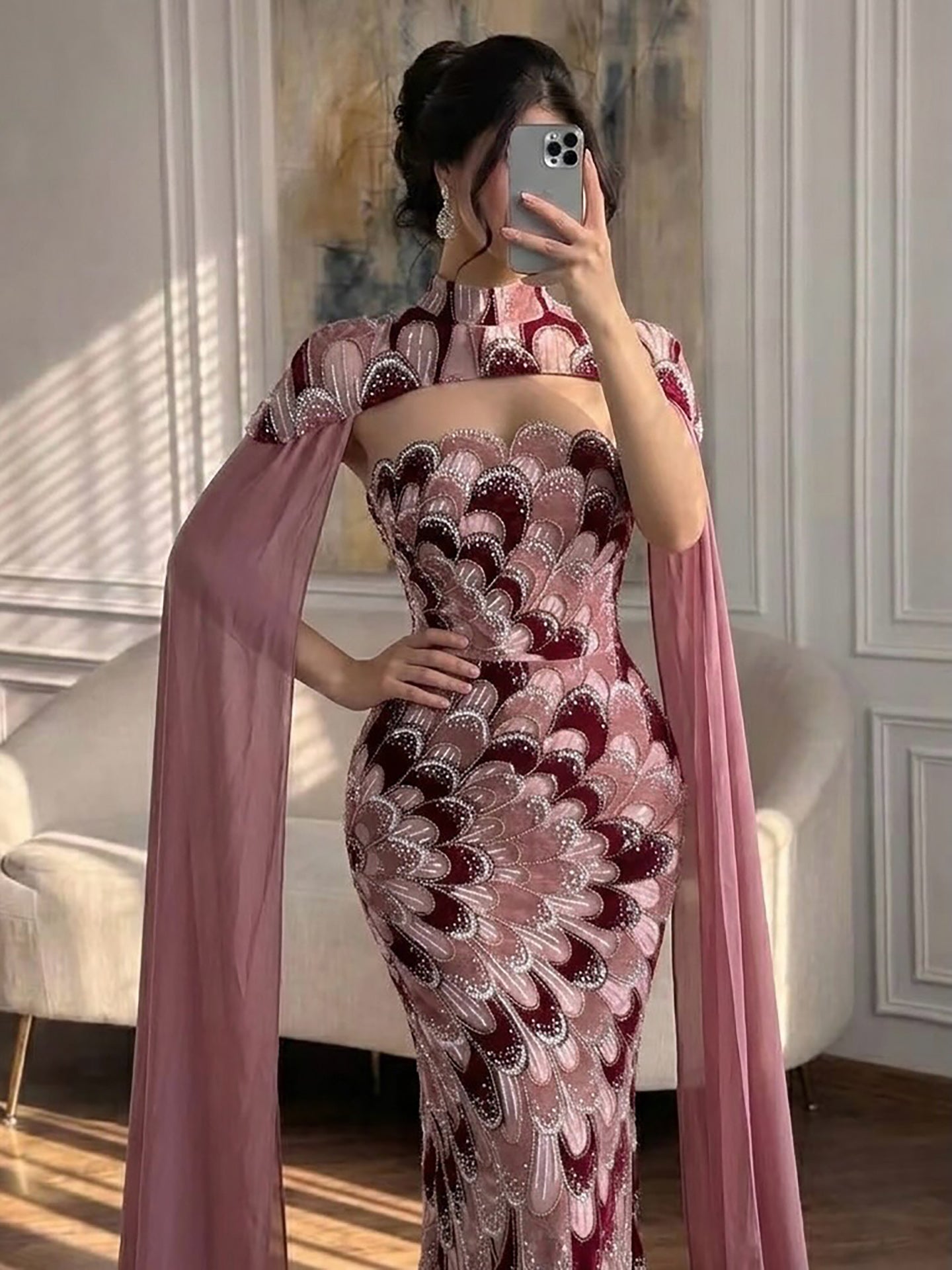 Luxury Pink Beaded Mermaid Cape Evening Dress LA73607A