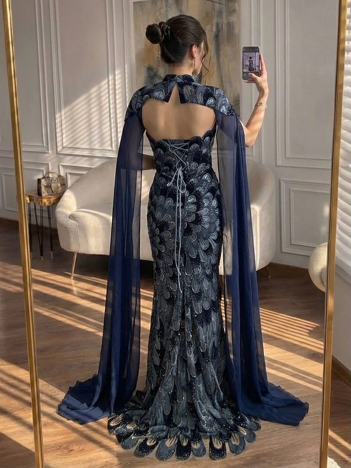 Luxury Pink Beaded Mermaid Cape Evening Dress LA73607A