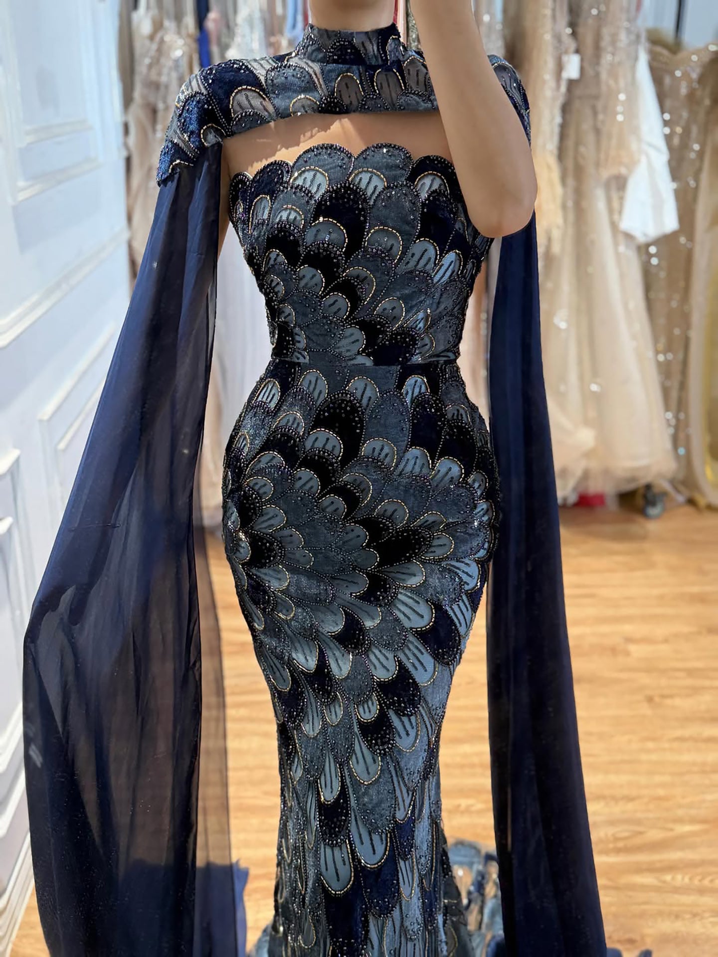 Luxury Pink Beaded Mermaid Cape Evening Dress LA73607A
