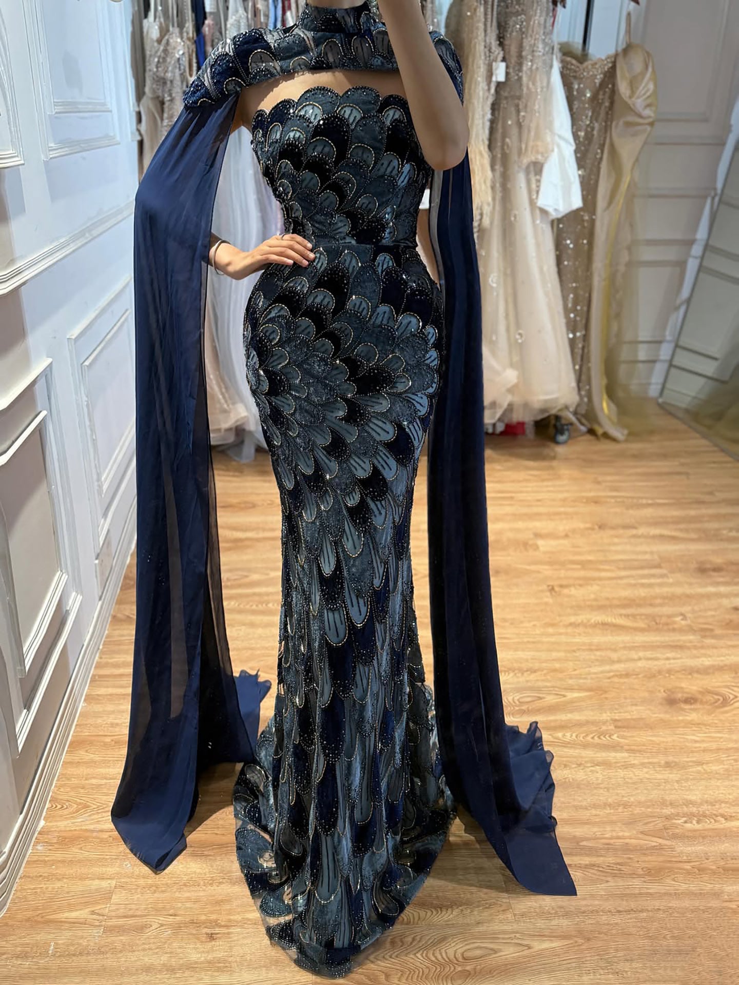 Luxury Pink Beaded Mermaid Cape Evening Dress LA73607A