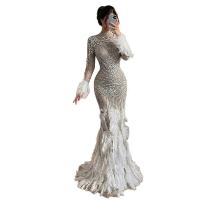 Luxury Grey Nude Crystal Beaded Mermaid Dress with Feathers LA73609