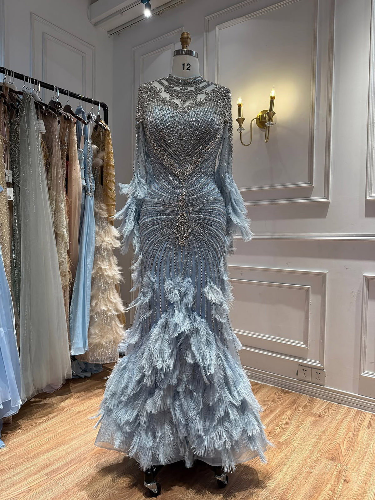 Luxury Grey Nude Crystal Beaded Mermaid Dress with Feathers LA73609
