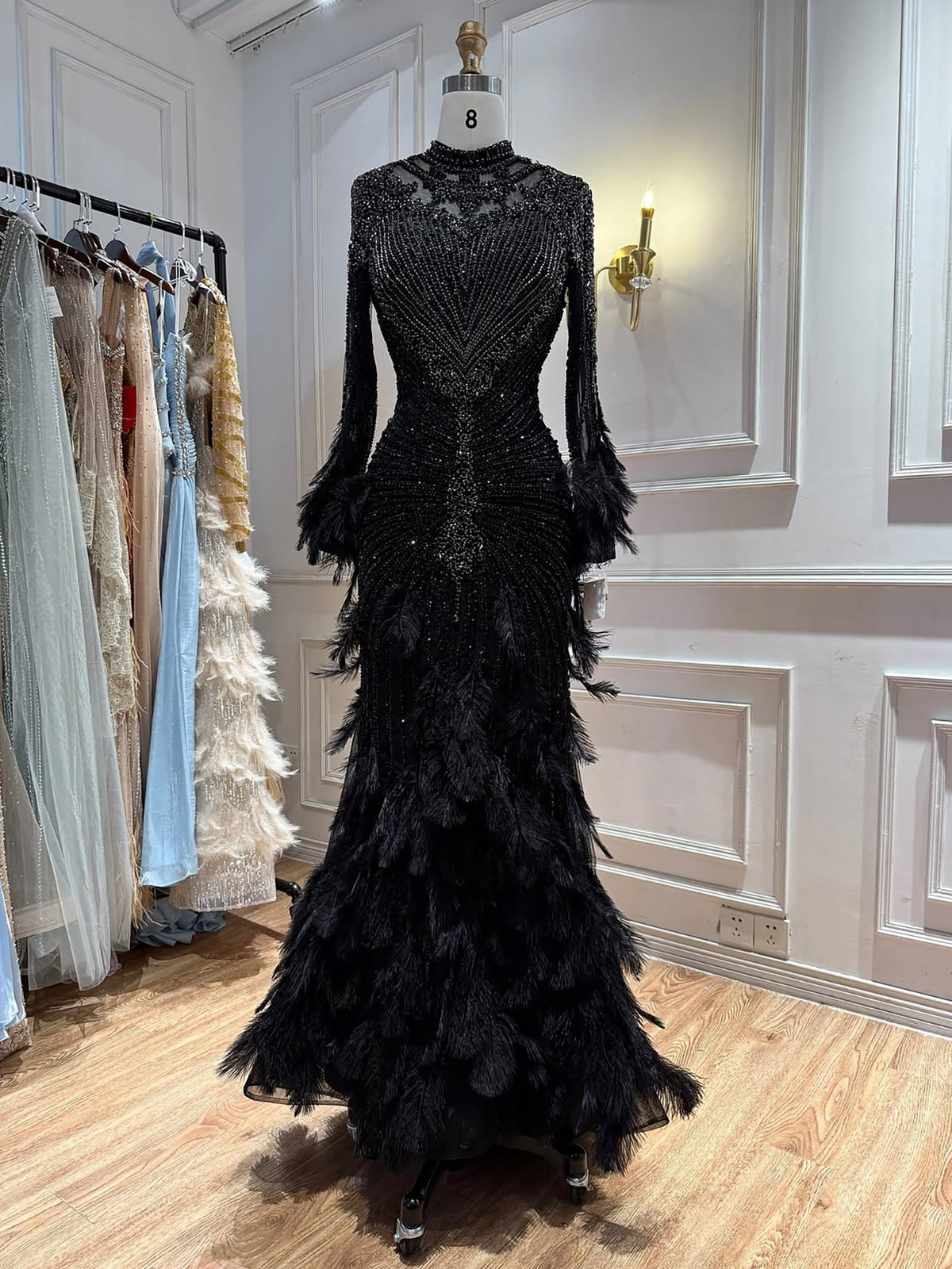 Luxury Grey Nude Crystal Beaded Mermaid Dress with Feathers LA73609