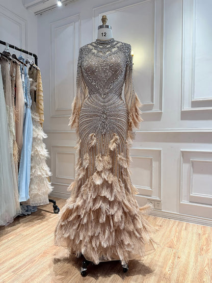Luxury Grey Nude Crystal Beaded Mermaid Dress with Feathers LA73609