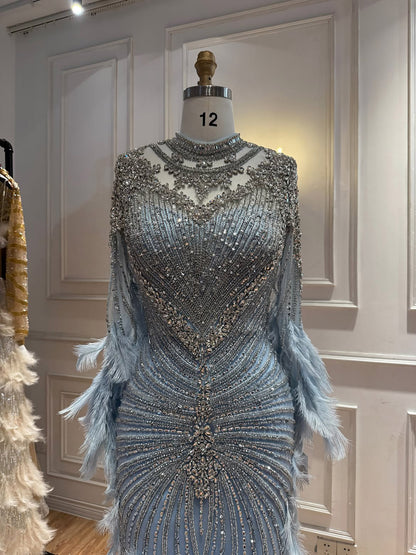 Luxury Grey Nude Crystal Beaded Mermaid Dress with Feathers LA73609