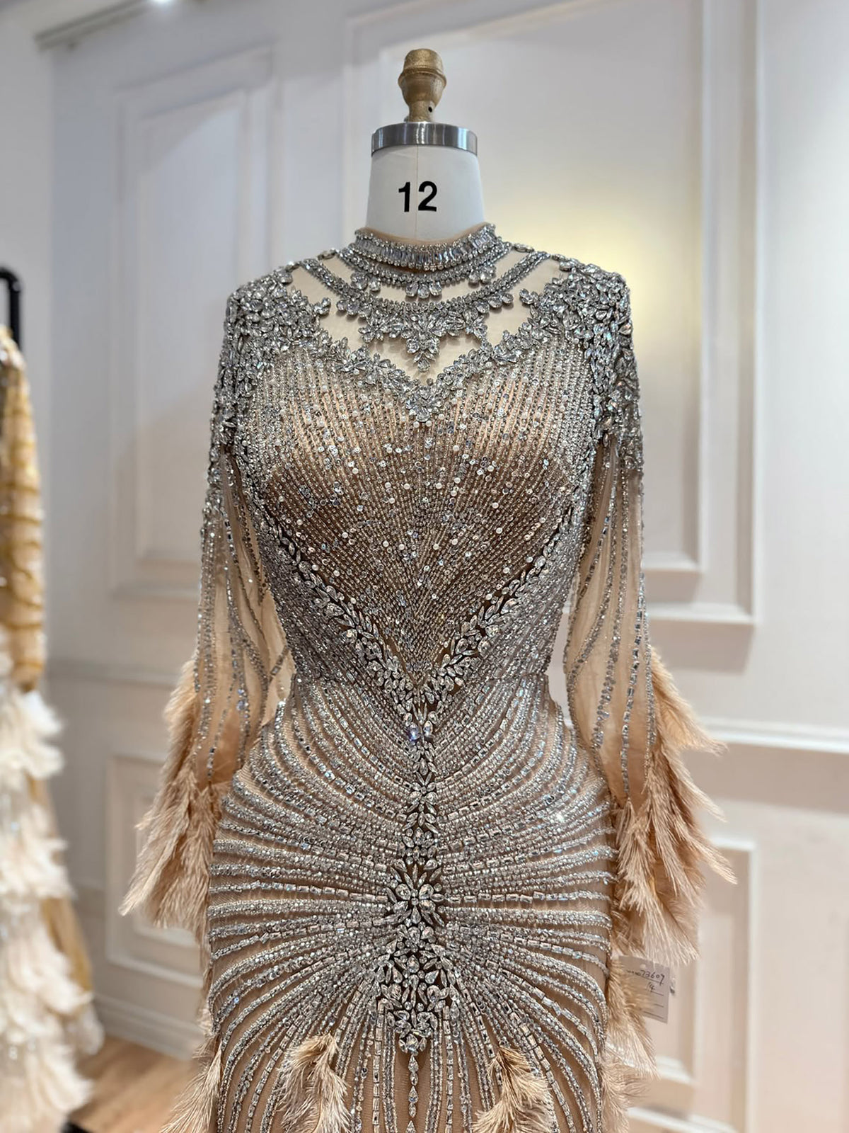 Luxury Grey Nude Crystal Beaded Mermaid Dress with Feathers LA73609