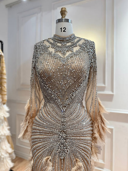 Luxury Grey Nude Crystal Beaded Mermaid Dress with Feathers LA73609