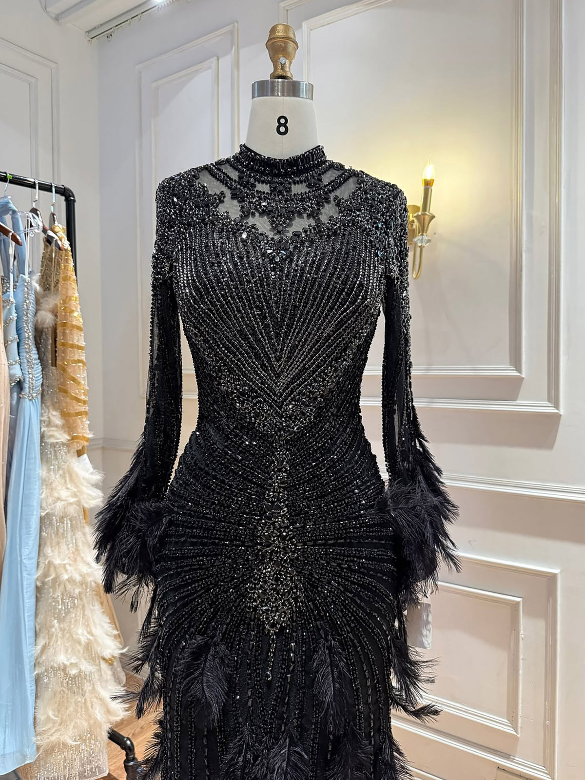 Luxury Grey Nude Crystal Beaded Mermaid Dress with Feathers LA73609