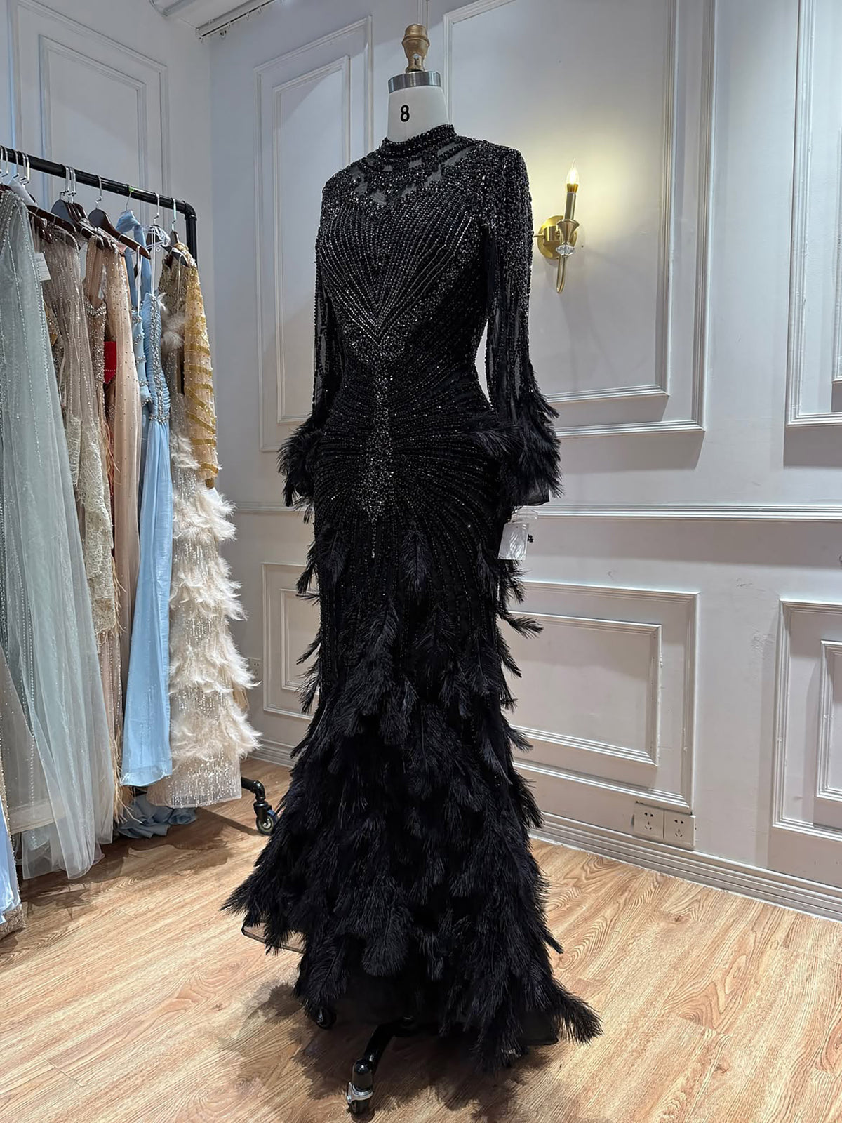 Luxury Grey Nude Crystal Beaded Mermaid Dress with Feathers LA73609
