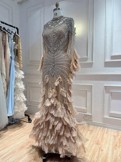 Luxury Grey Nude Crystal Beaded Mermaid Dress with Feathers LA73609