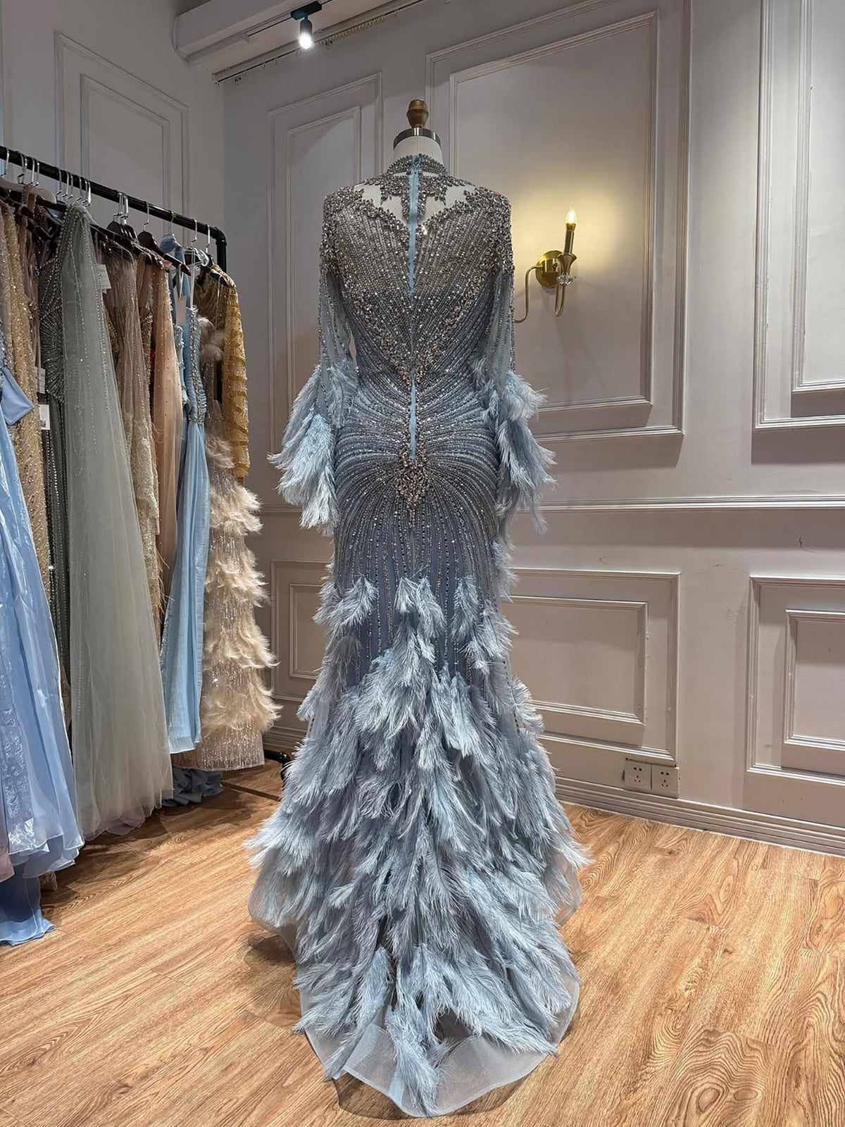 Luxury Grey Nude Crystal Beaded Mermaid Dress with Feathers LA73609