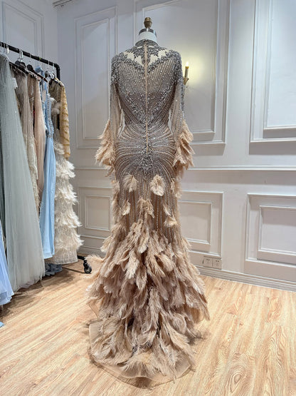 Luxury Grey Nude Crystal Beaded Mermaid Dress with Feathers LA73609