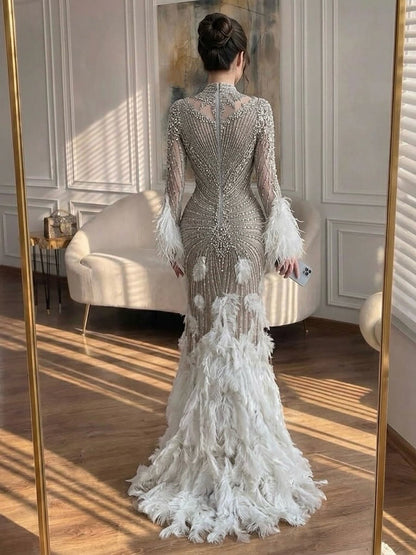 Luxury Grey Nude Crystal Beaded Mermaid Dress with Feathers LA73609
