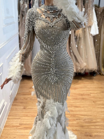 Luxury Grey Nude Crystal Beaded Mermaid Dress with Feathers LA73609