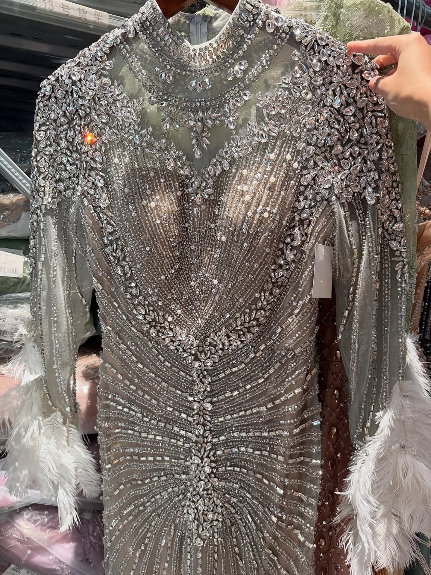Luxury Grey Nude Crystal Beaded Mermaid Dress with Feathers LA73609
