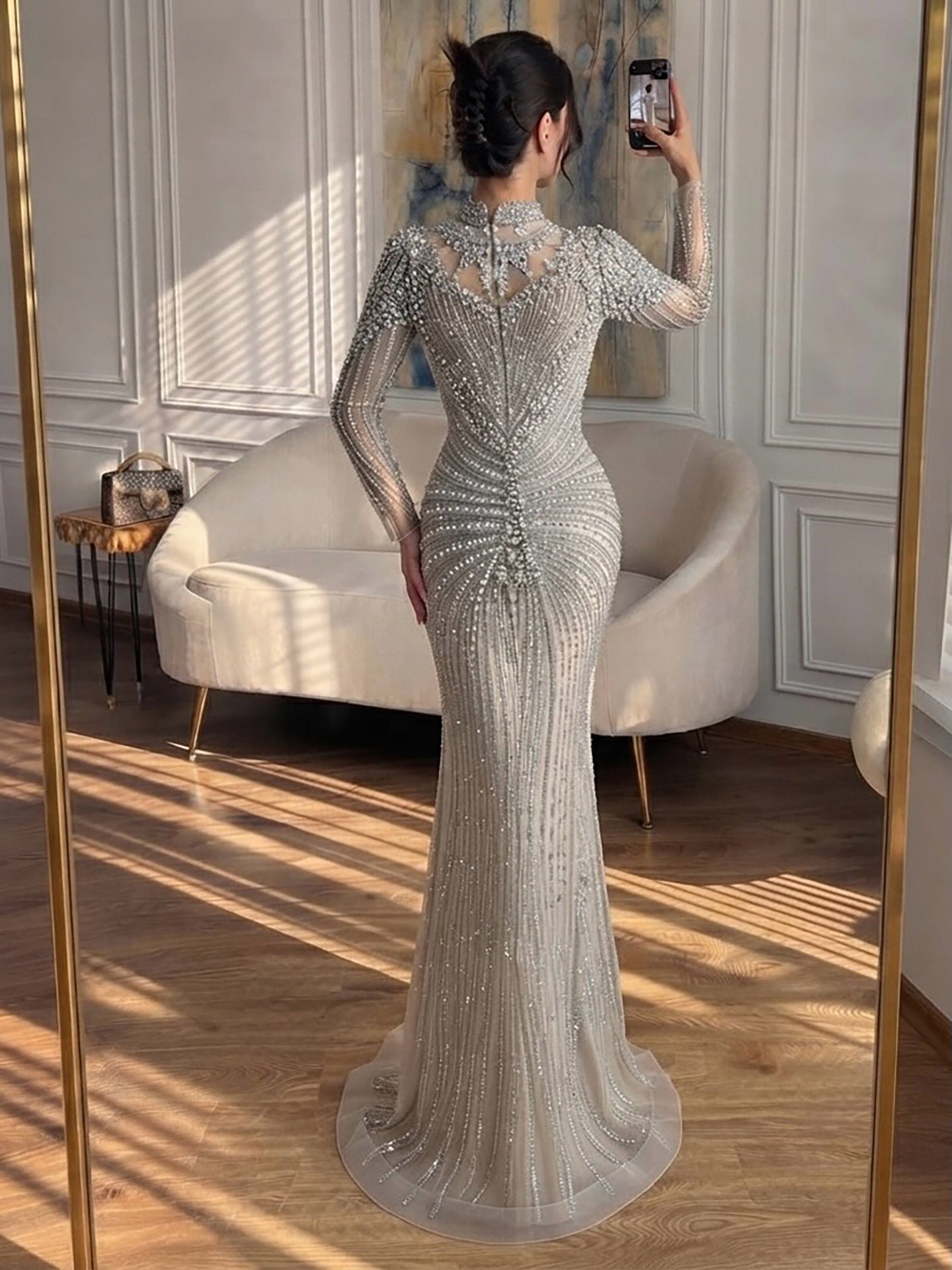 Luxury Silver Nude Beaded High Neck Mermaid Evening Dress LA73609A