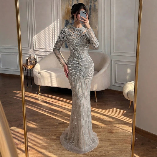 Luxury Silver Nude Beaded High Neck Mermaid Evening Dress LA73609A
