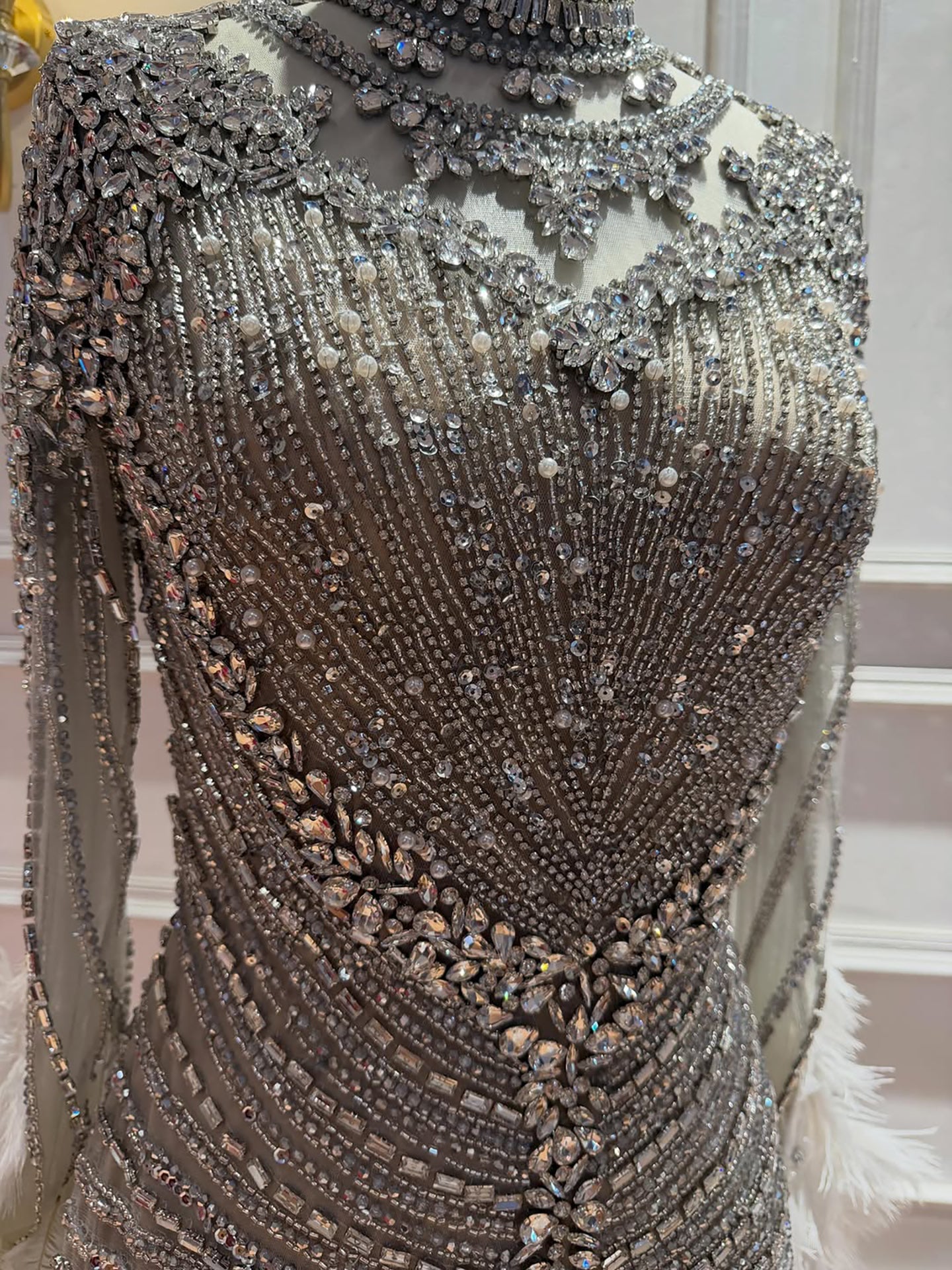 Luxury Grey Nude Crystal Beaded Mermaid Dress with Feathers LA73609