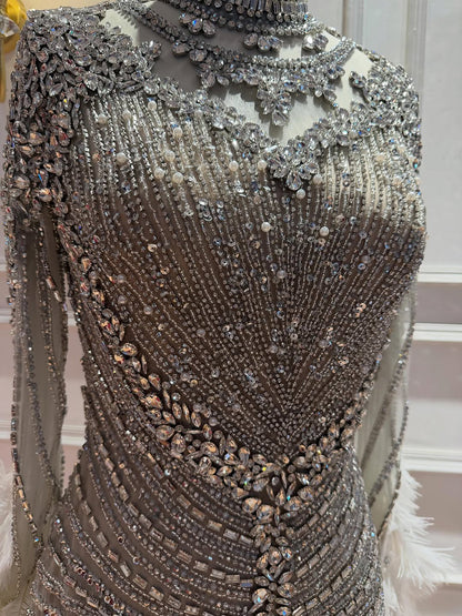 Luxury Grey Nude Crystal Beaded Mermaid Dress with Feathers LA73609