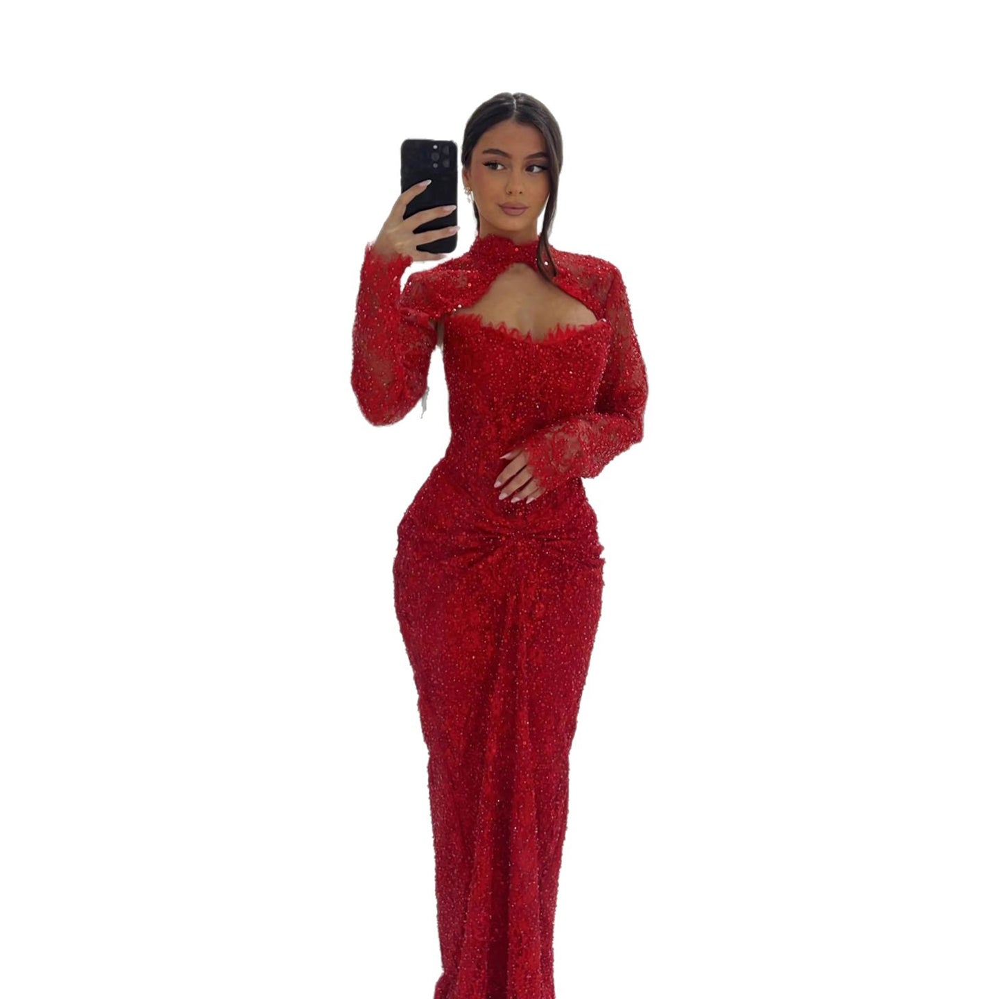 Luxury Red Beaded Long Sleeves Mermaid Evening Dress LA73610