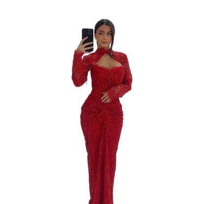 Luxury Red Beaded Long Sleeves Mermaid Evening Dress LA73610