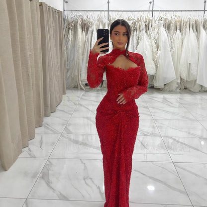 Luxury Red Beaded Long Sleeves Mermaid Evening Dress LA73610