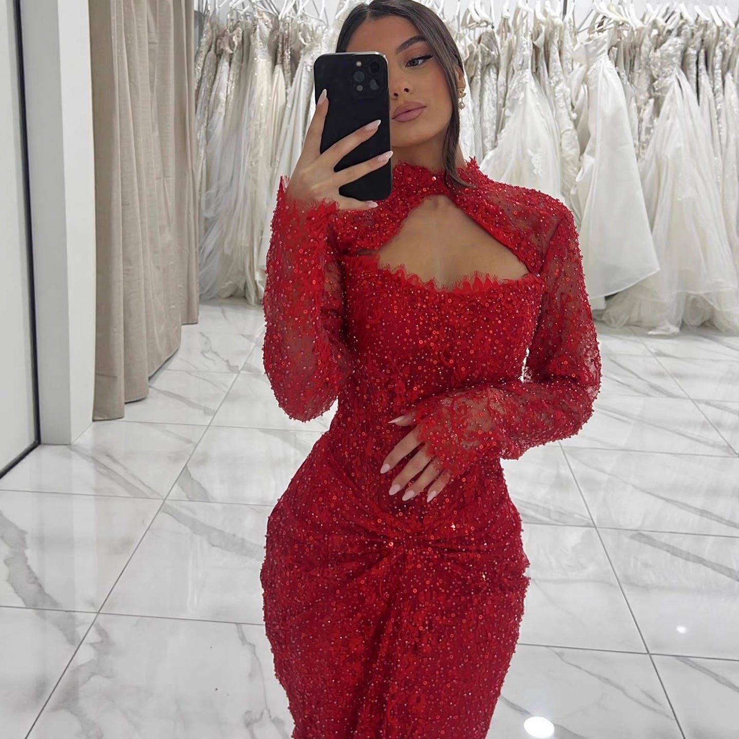 Luxury Red Beaded Long Sleeves Mermaid Evening Dress LA73610