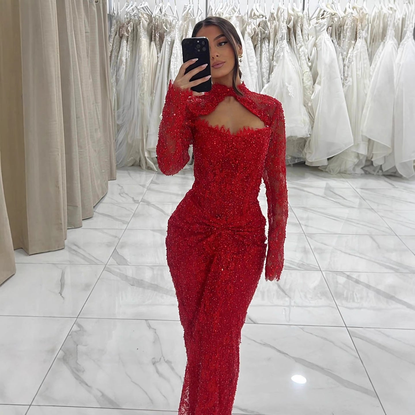 Luxury Red Beaded Long Sleeves Mermaid Evening Dress LA73610