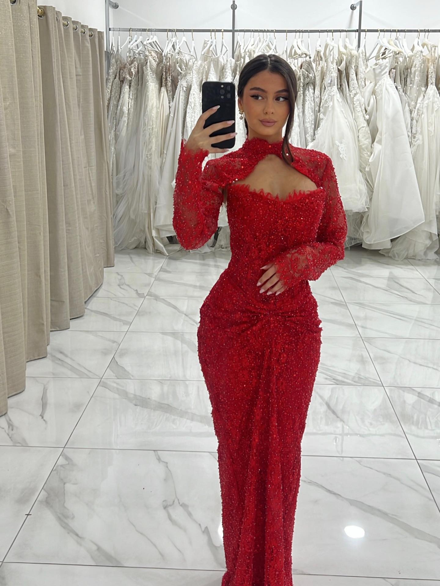 Luxury Red Beaded Long Sleeves Mermaid Evening Dress LA73610