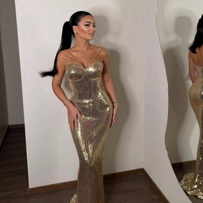 Luxury Gold Sequin Mermaid Evening Dress LA73612