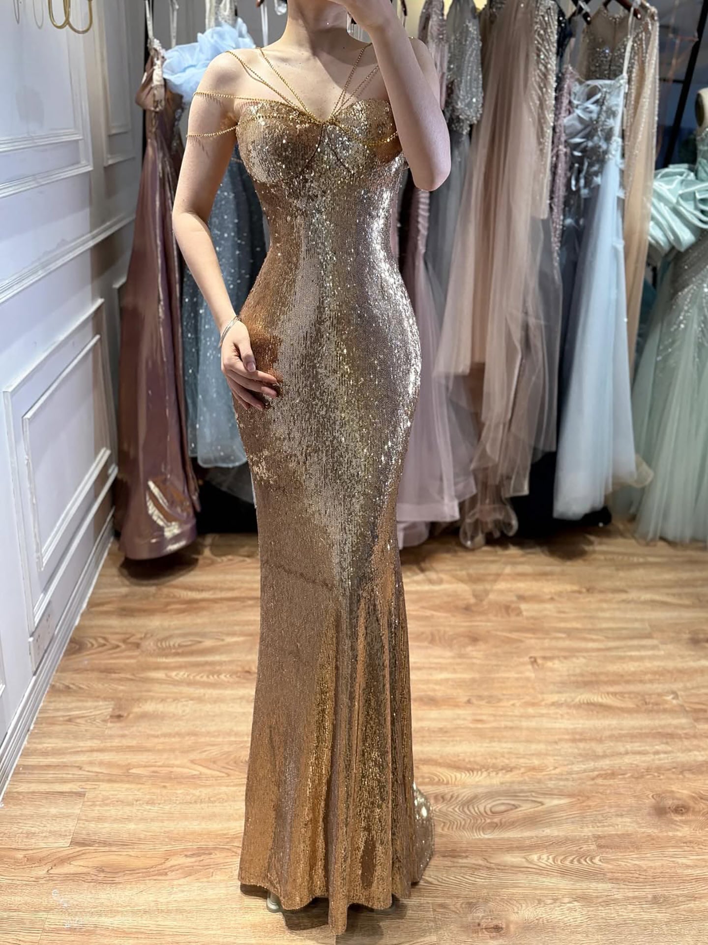 Luxury Gold Sequin Mermaid Evening Dress LA73612