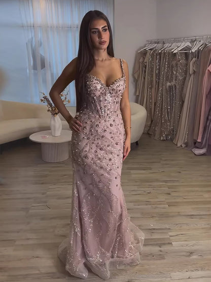 Luxury Pink Beaded Crystal Mermaid Evening Dress LA73621