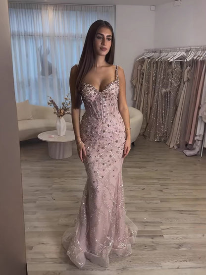Luxury Pink Beaded Crystal Mermaid Evening Dress LA73621
