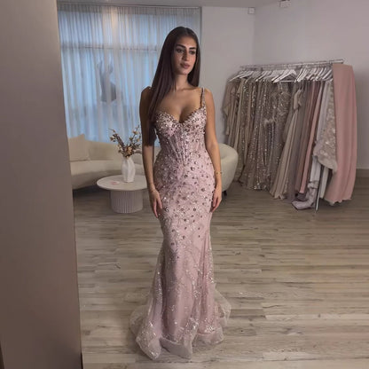 Luxury Pink Beaded Crystal Mermaid Evening Dress LA73621