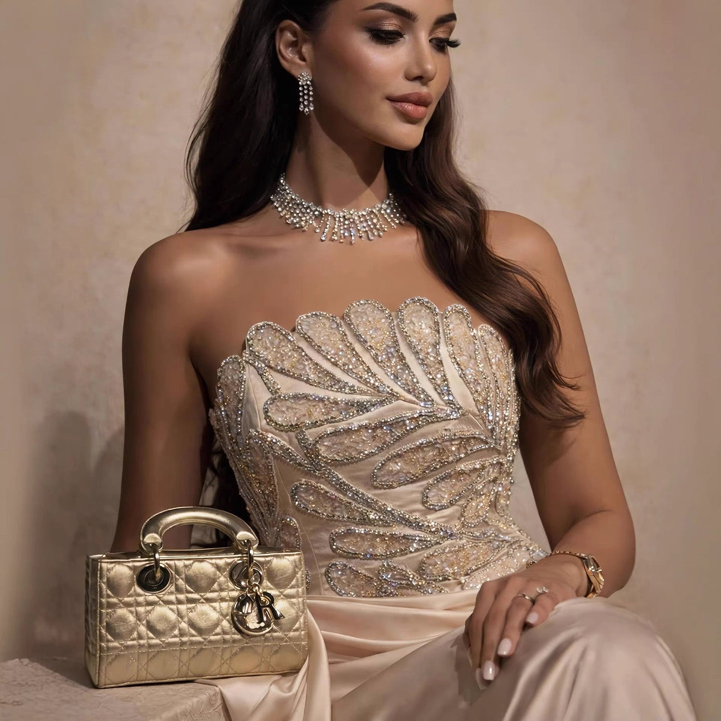 Luxury Champagne Satin Beaded Mermaid Evening Dress LA73622