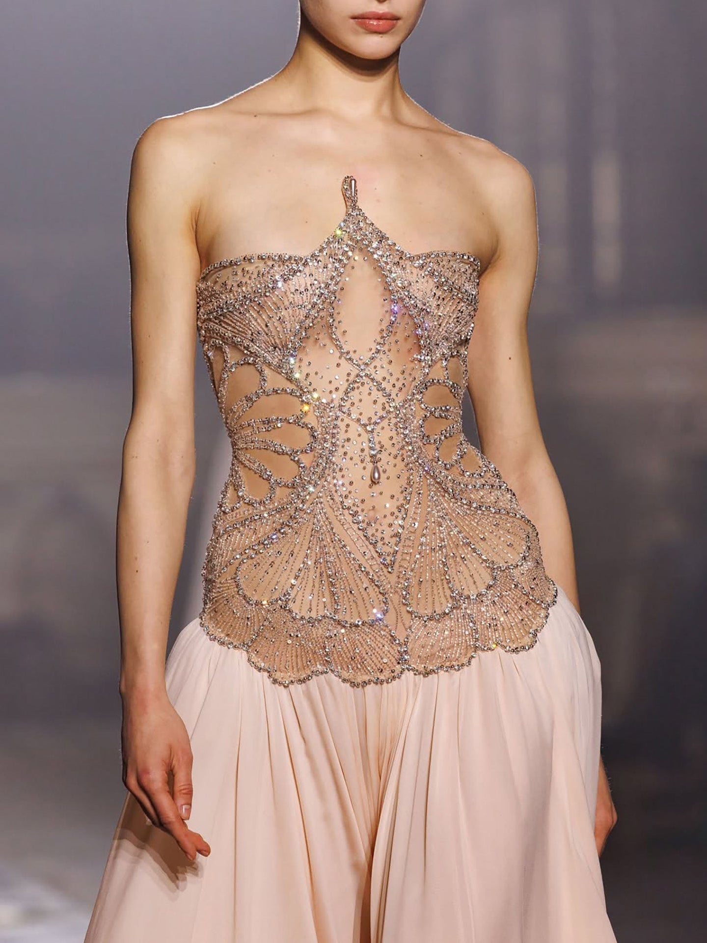 Luxury Nude Pink Beaded A-Line Evening Dress LA73623