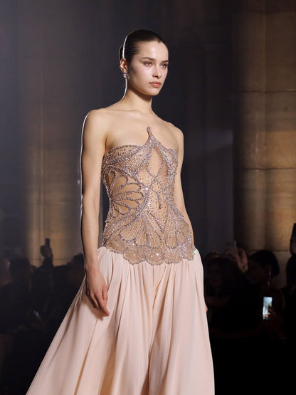 Luxury Nude Pink Beaded A-Line Evening Dress LA73623