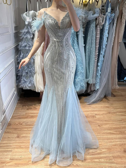 Luxury Beige Beaded Feather Mermaid Evening Dress LA73625
