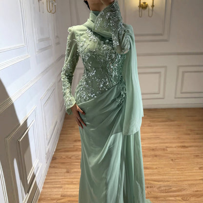 Luxury Sage Green Lace Appliques Evening Dress Long Sleeves LA73626