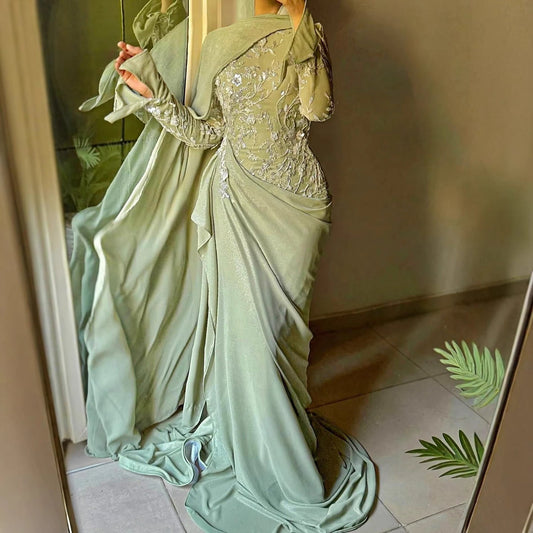 Luxury Sage Green Lace Appliques Evening Dress Long Sleeves LA73626