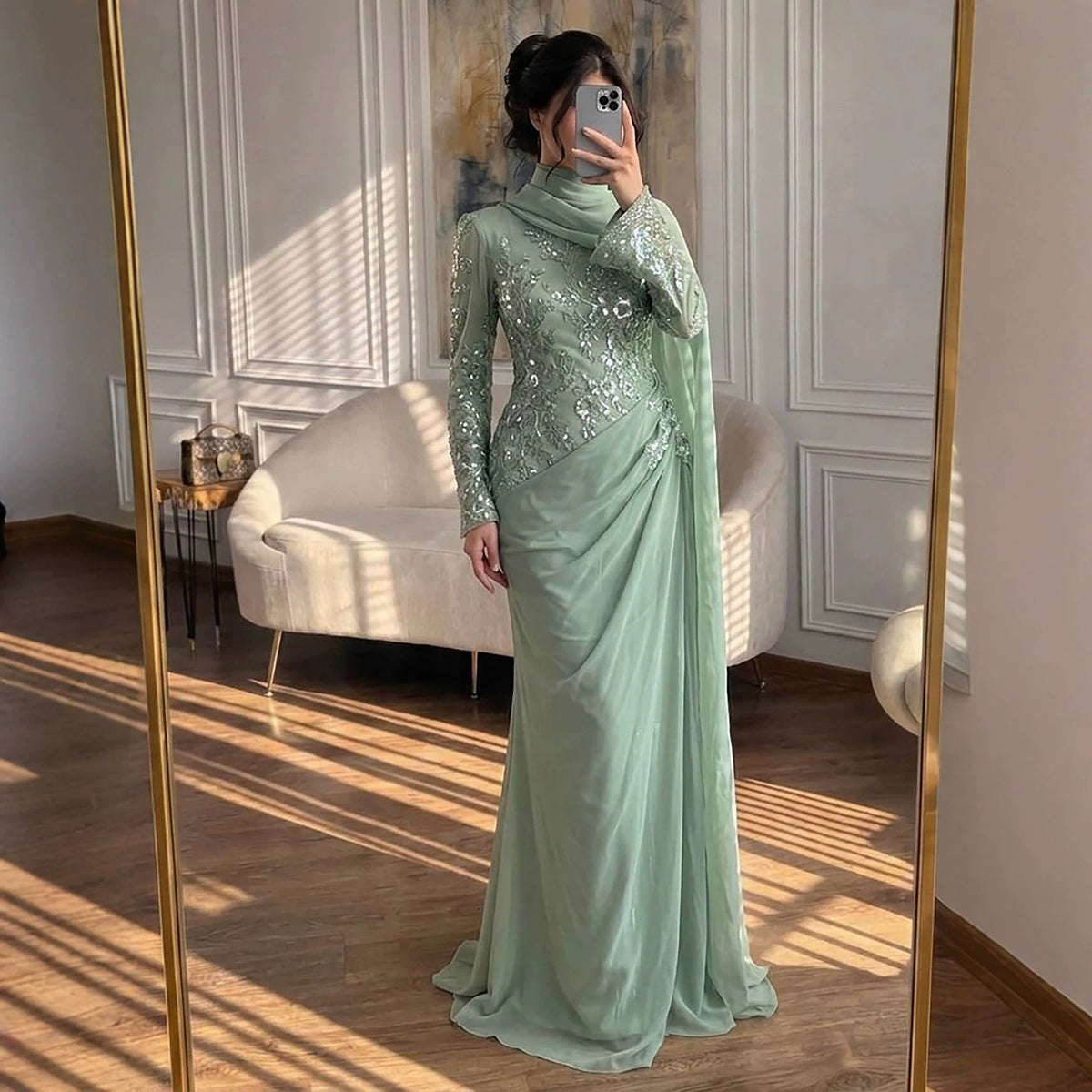 Luxury Sage Green Lace Appliques Evening Dress Long Sleeves LA73626