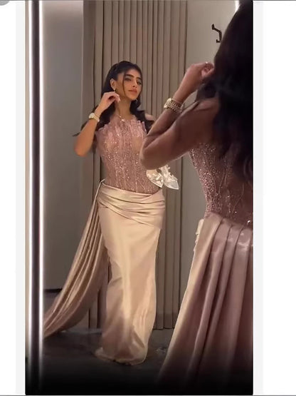 Luxury Pink Beaded Strapless Mermaid Evening Dress LA73628