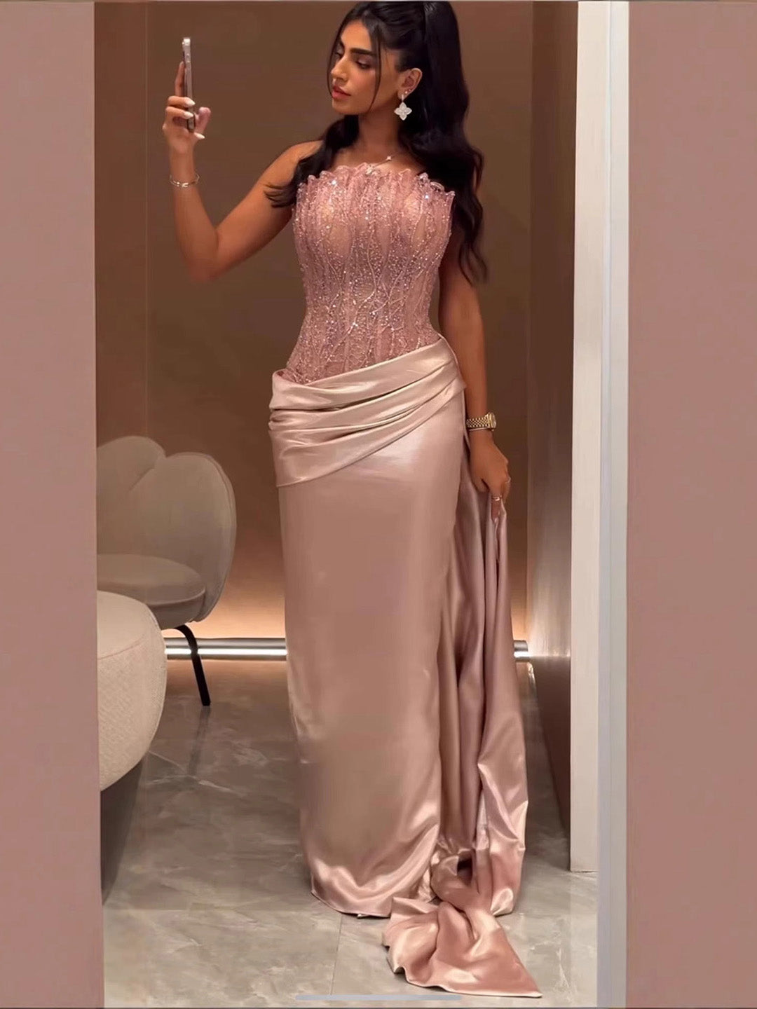 Luxury Pink Beaded Strapless Mermaid Evening Dress LA73628