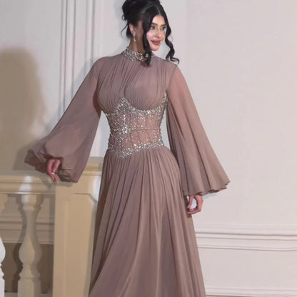 Luxury Brown Crystal Beaded A-Line Evening Dress LA73629